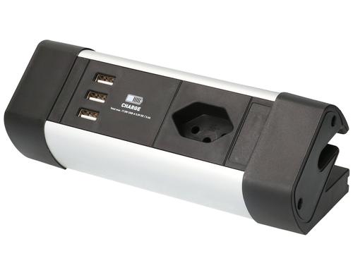 Max Hauri Office Line Tischsteckdosenleiste 1xT13, 3xUSB, Sw/alu, 2.5m Kabel