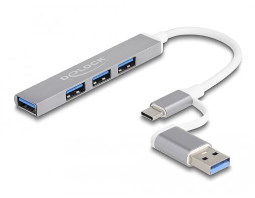 Delock 4 Ports Slim USB Hub, Type C, oder A zu 3x USB 2.0 Typ A Buchse + 1x USB 5 Gbps