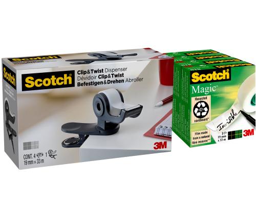 3M Scotch Abroller Clip & Twist  inkl. 4 Rollen Klebeband Magic 19 mm x 33 m