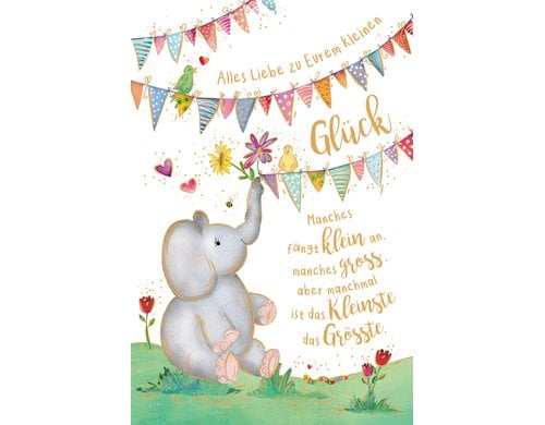 ABC Geburtskarte, spielender Elefant Format B6, 115 x 173 mm, mit Couvert