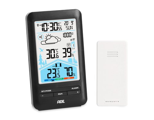 ADE Wetterstation mit Funk-Aussensensor mit DCF-Funkuhr, schwarz